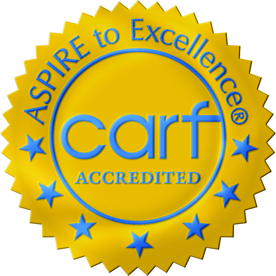 Golden and blue CARF accredited logo