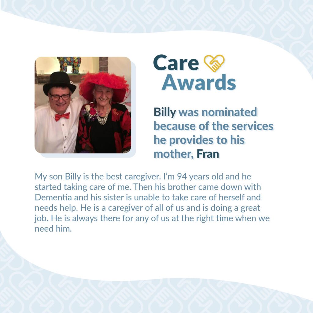 Billy stands beside his mother, both smiling and looking dapper with a bow tie and fleathery hat.