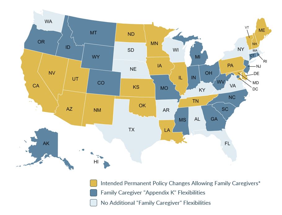 A map that illustrates the United States. Each state is a different color that represents difference changes to policy for family caregivers. 